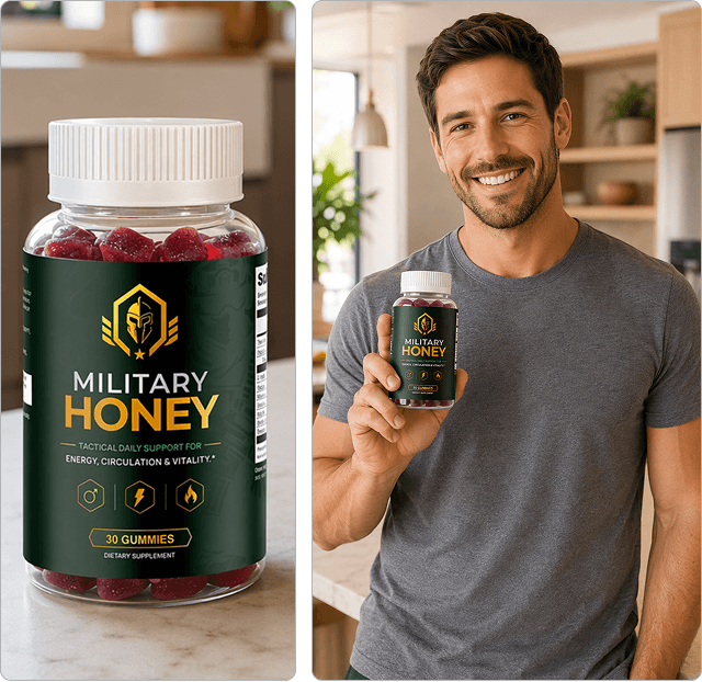 Military Honey gummies bottle and a man holding the product